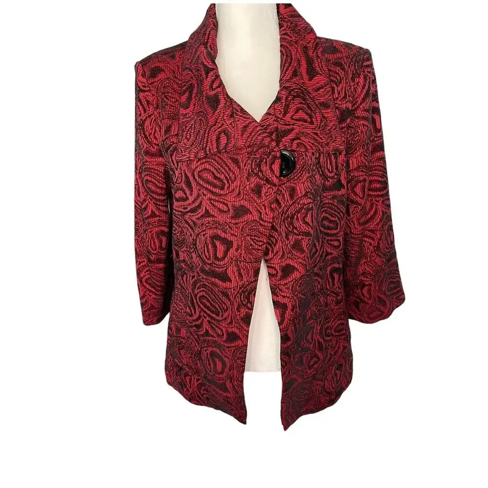 City Girl Nancy Bolen Blazer Jacket Red Black Embroidered Button Size Small -EUC - Picture 4 of 12